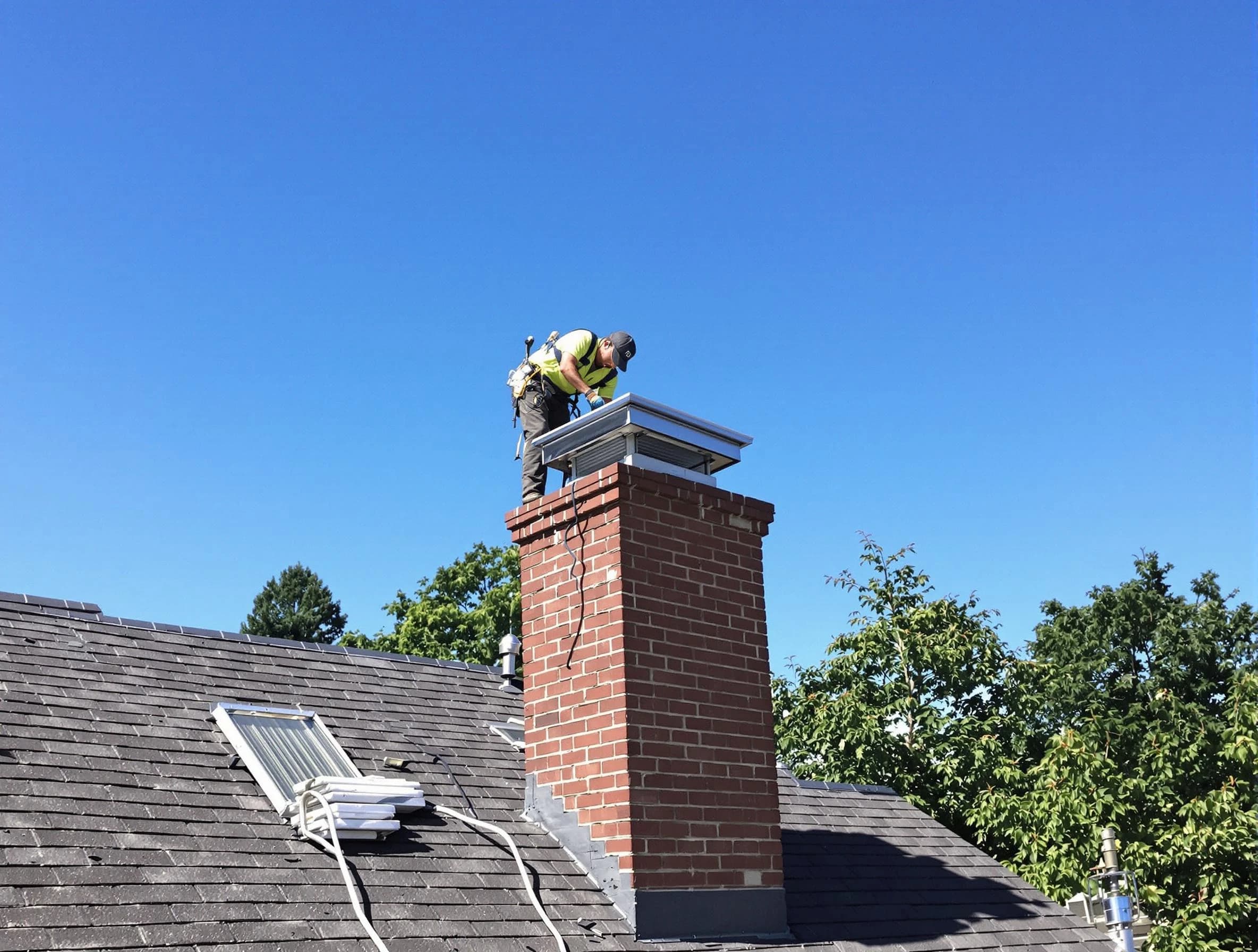 Los Chaves Chimney Sweep technician measuring a chimney cap in Los Chaves, NM