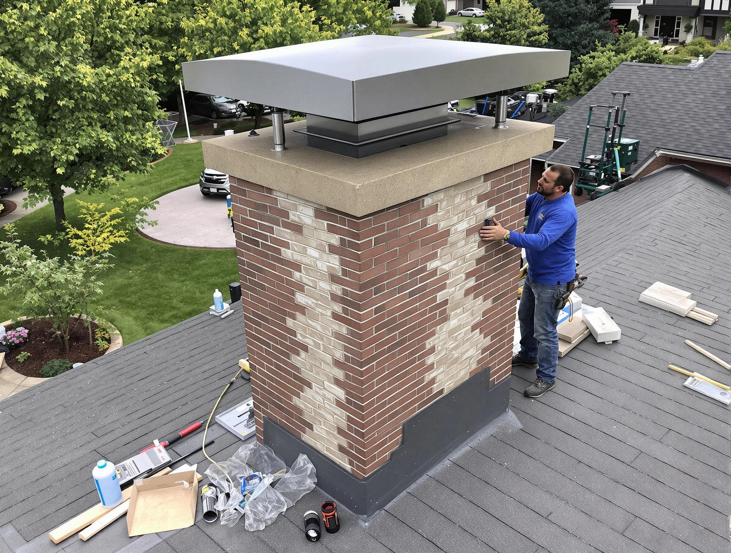 Los Chaves Chimney Sweep team working on a custom chimney remodel in Los Chaves, NM